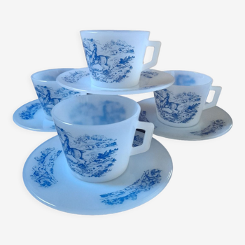 Ensemble 4 tasses café et sous-tasses bleu & blanc style toile de  Jouy  Arcopal