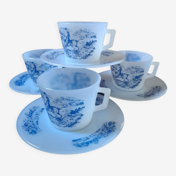 Set 4 coffee cups and blue & white sub-cups canvas style Jouy Arcopal