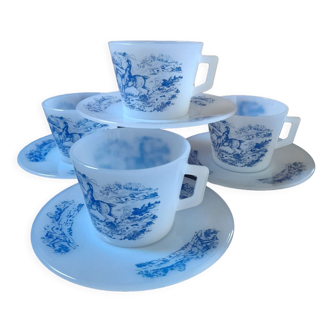 Ensemble 4 tasses café et sous-tasses bleu & blanc style toile de  Jouy  Arcopal