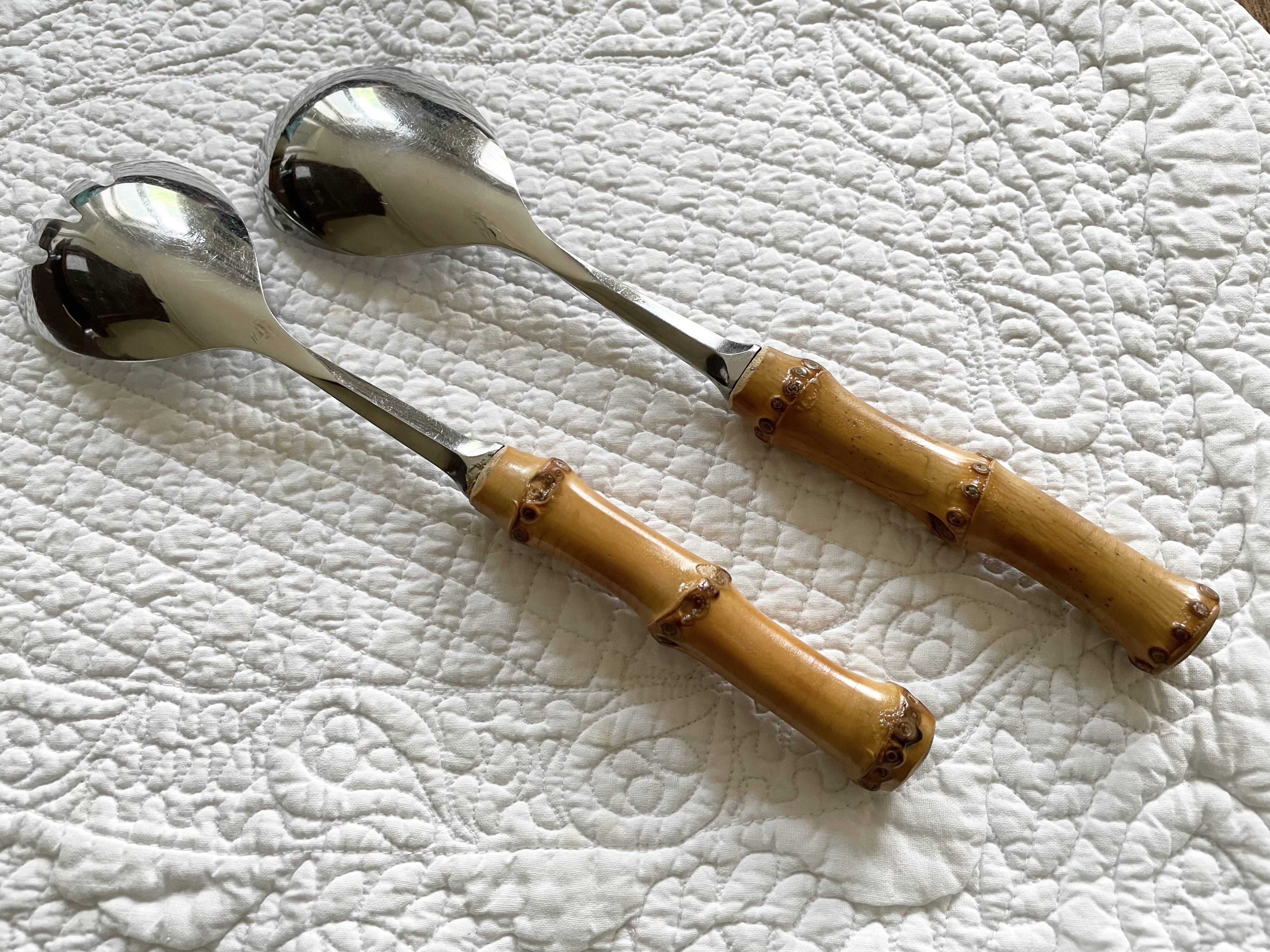 Serving cutlery with bamboo and stainless steel handles