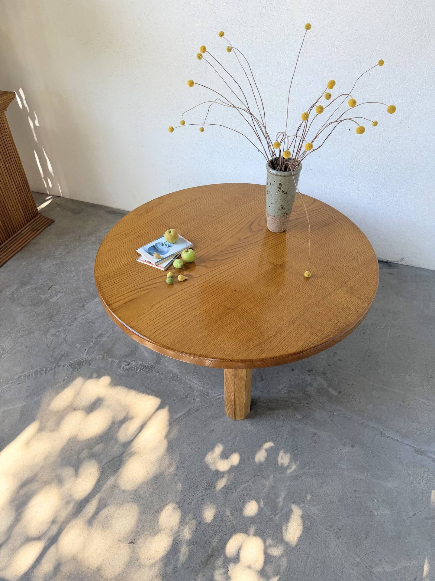 1950s round tripod oak coffee table