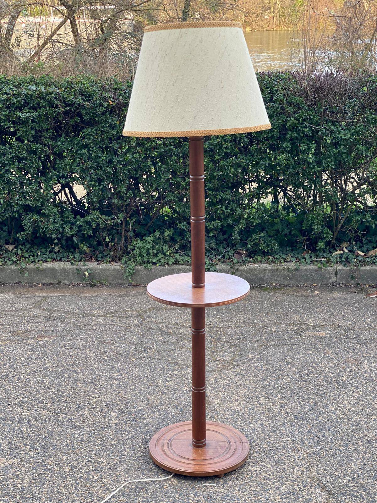 Art Deco floor lamp with wooden shelf and beige lampshade