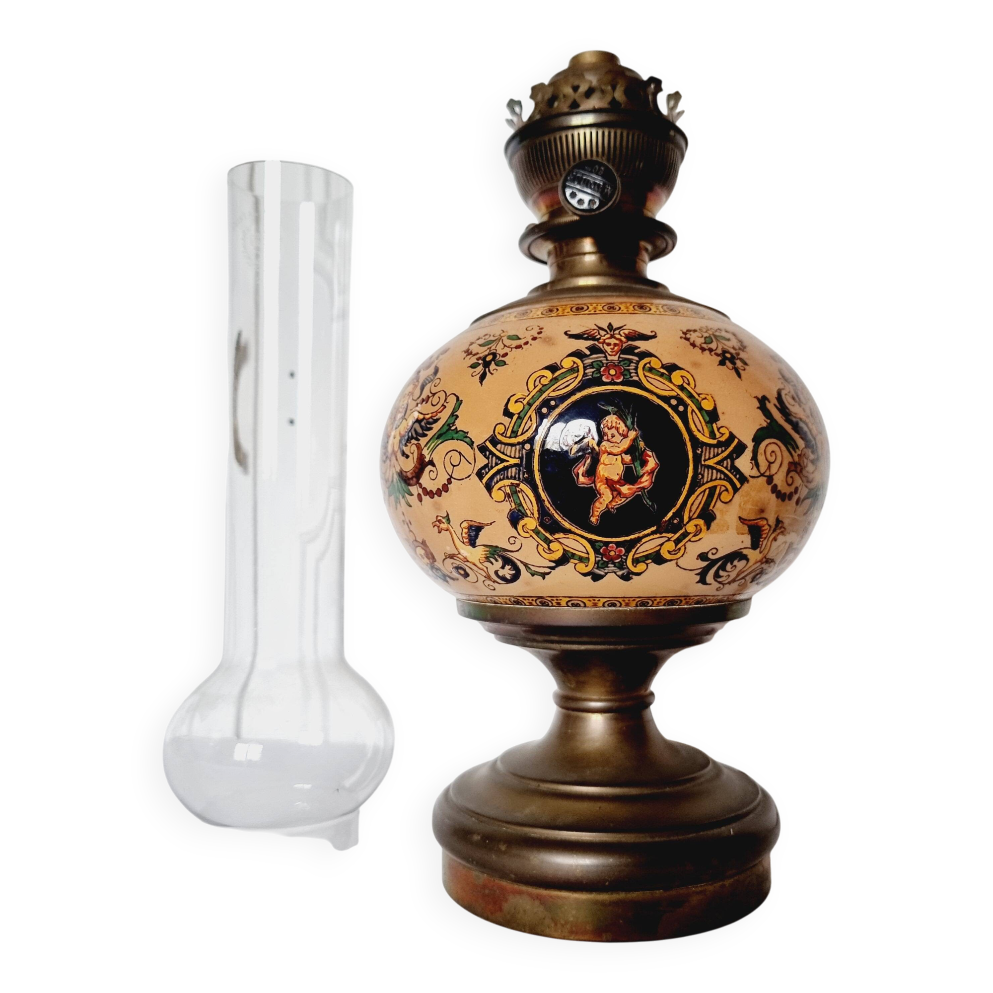 Electrified oil lamp in bronze and hand-painted Gien earthenware