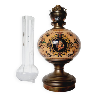Electrified oil lamp in bronze and hand-painted Gien earthenware