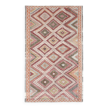 Tapis Kilim Vintage Géométrique – Tons Corail, Crème & Multicolore