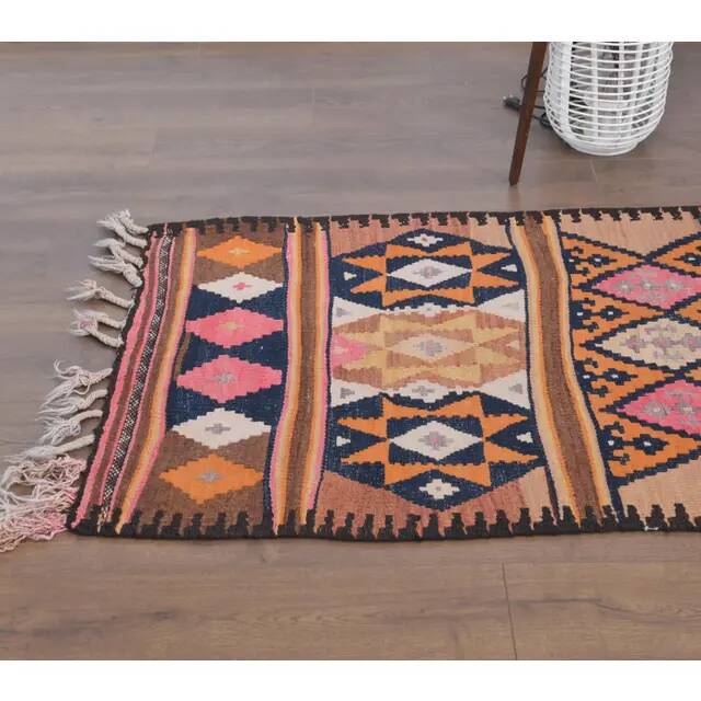 1970s Vintage Turkish Hand-Knotted Wool Cotton Brown Runner Rug 91x355