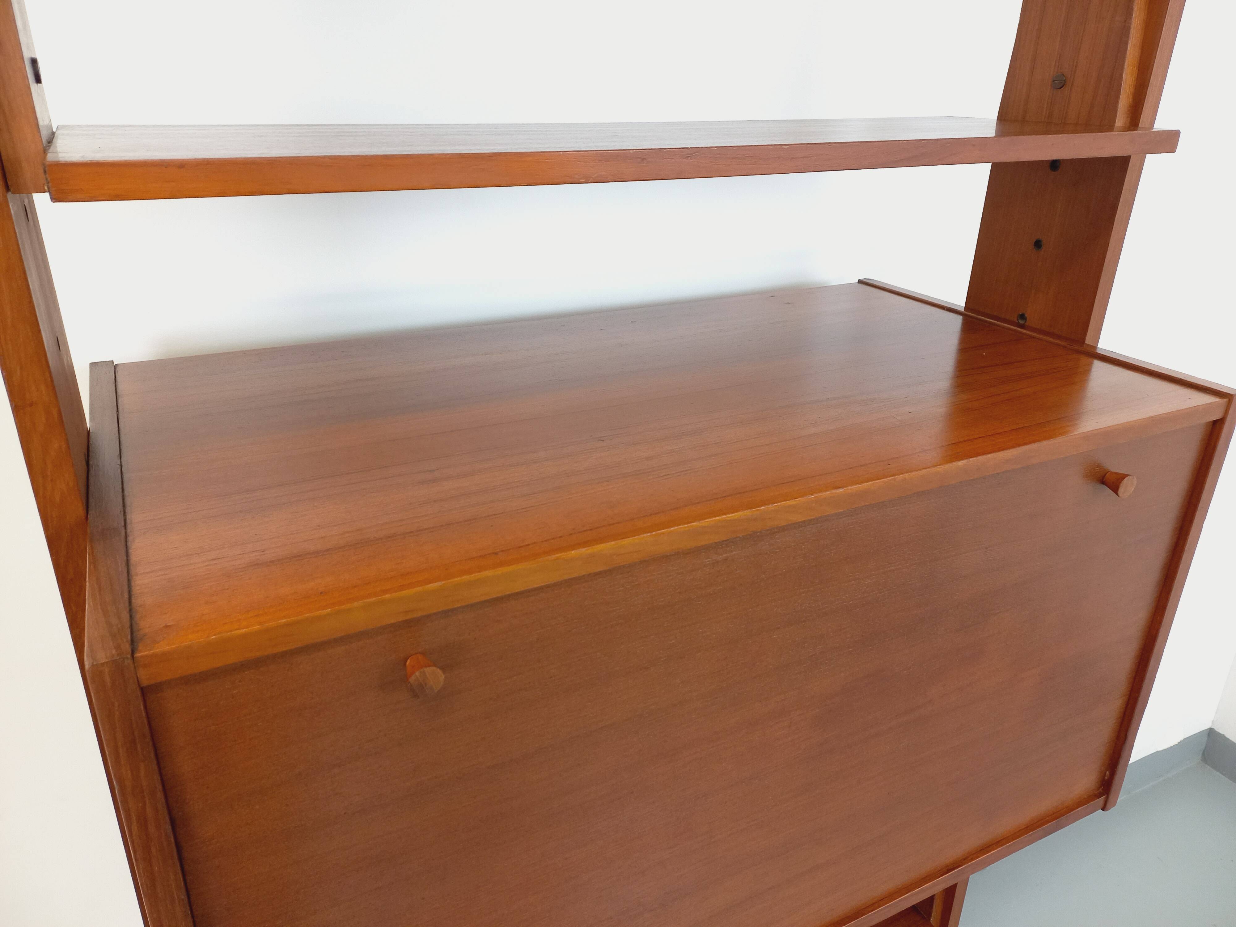 Vintage modular secretary shelf bookcase in teak from the 60s
