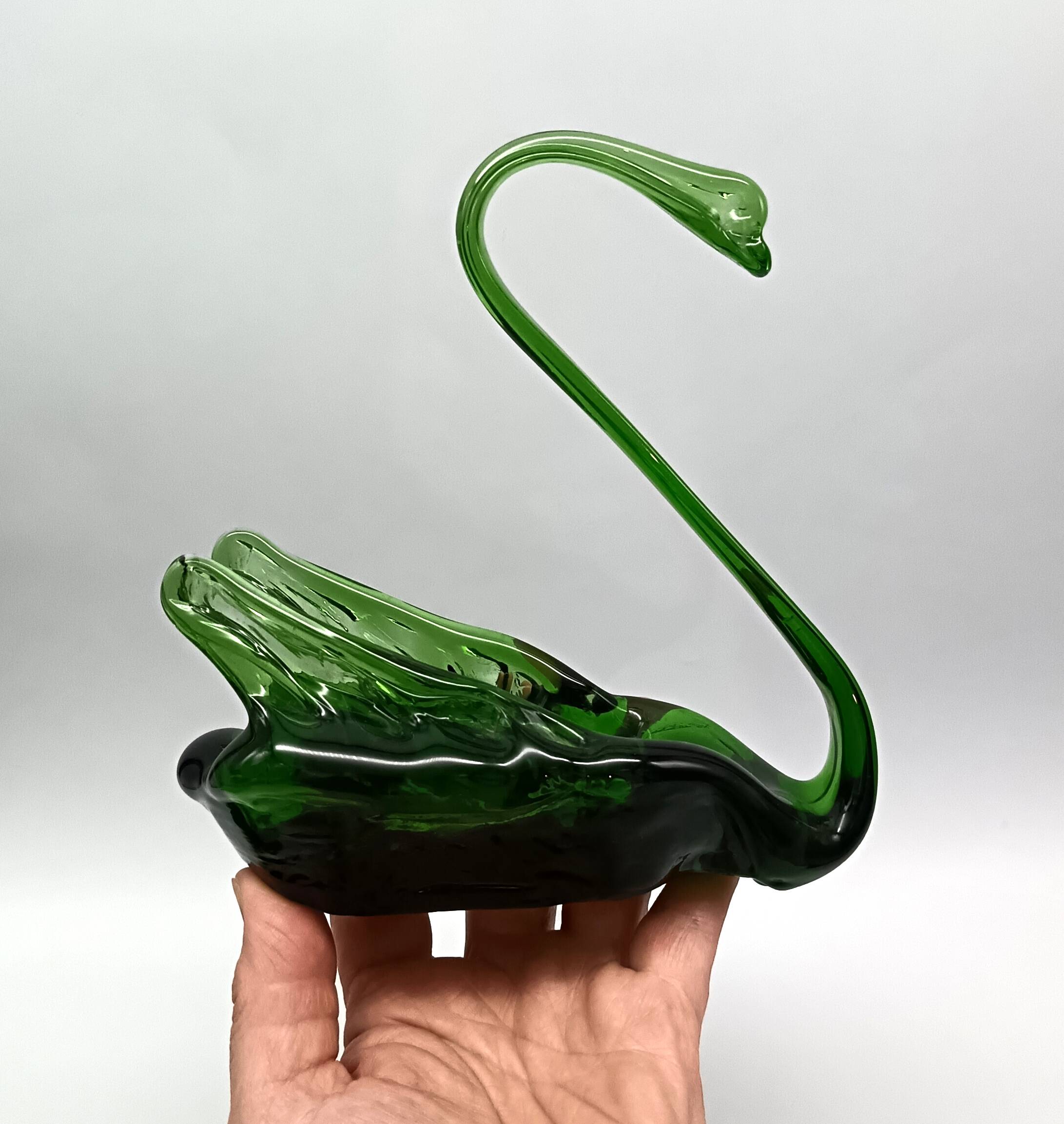 2 vintage glass SWANS, handcrafted, bottle green, early 20th century