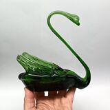 2 vintage glass SWANS, handcrafted, bottle green, early 20th century