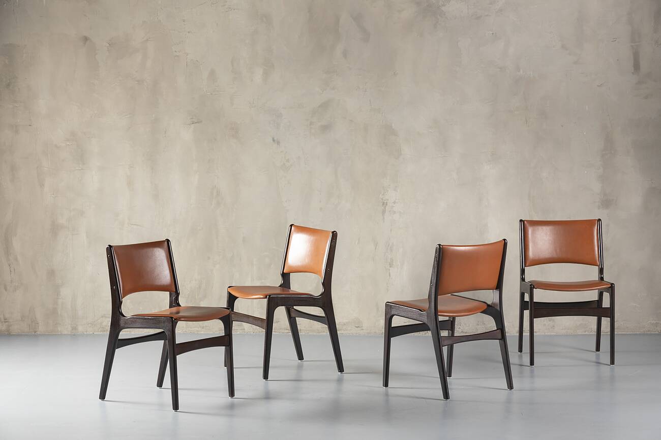 Model 89 Teak And Leather Chairs Erik Buch For Pol Dinesen, Denmark, 1960's set of 4