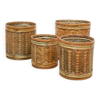 Series of 4 vintage rattan basket pot covers