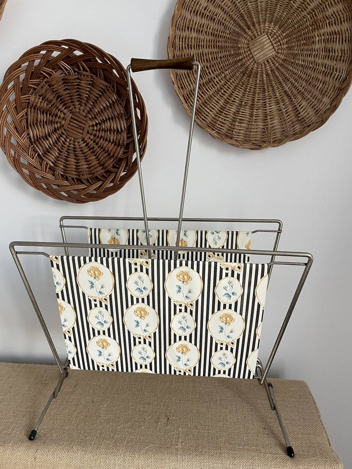 Vintage metal and plastic-coated fabric magazine rack