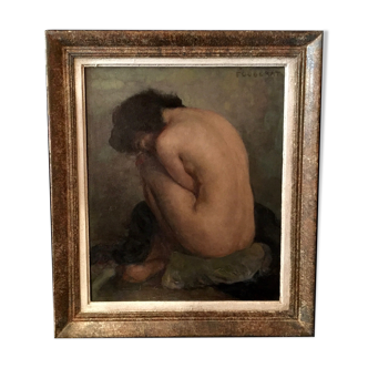 Nude signed Fougerat, oil on panel, 20th century