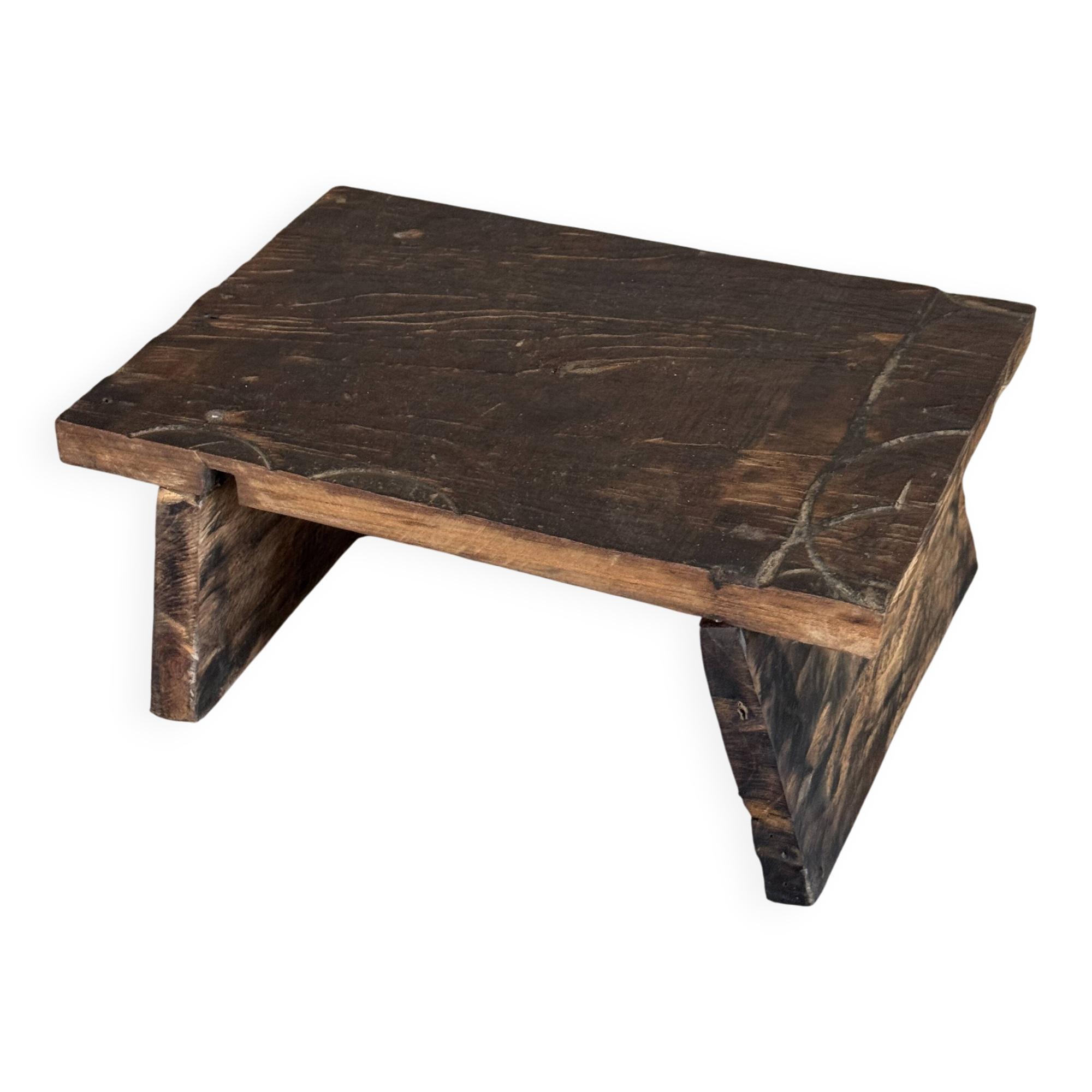 Small auxiliary stool in dark brown upcycled teak wood, engraved (3275)