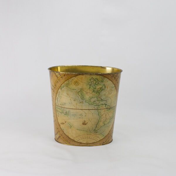 Wastepaper basket Massilly France vintage sheet metal decoration planisphere, 1960