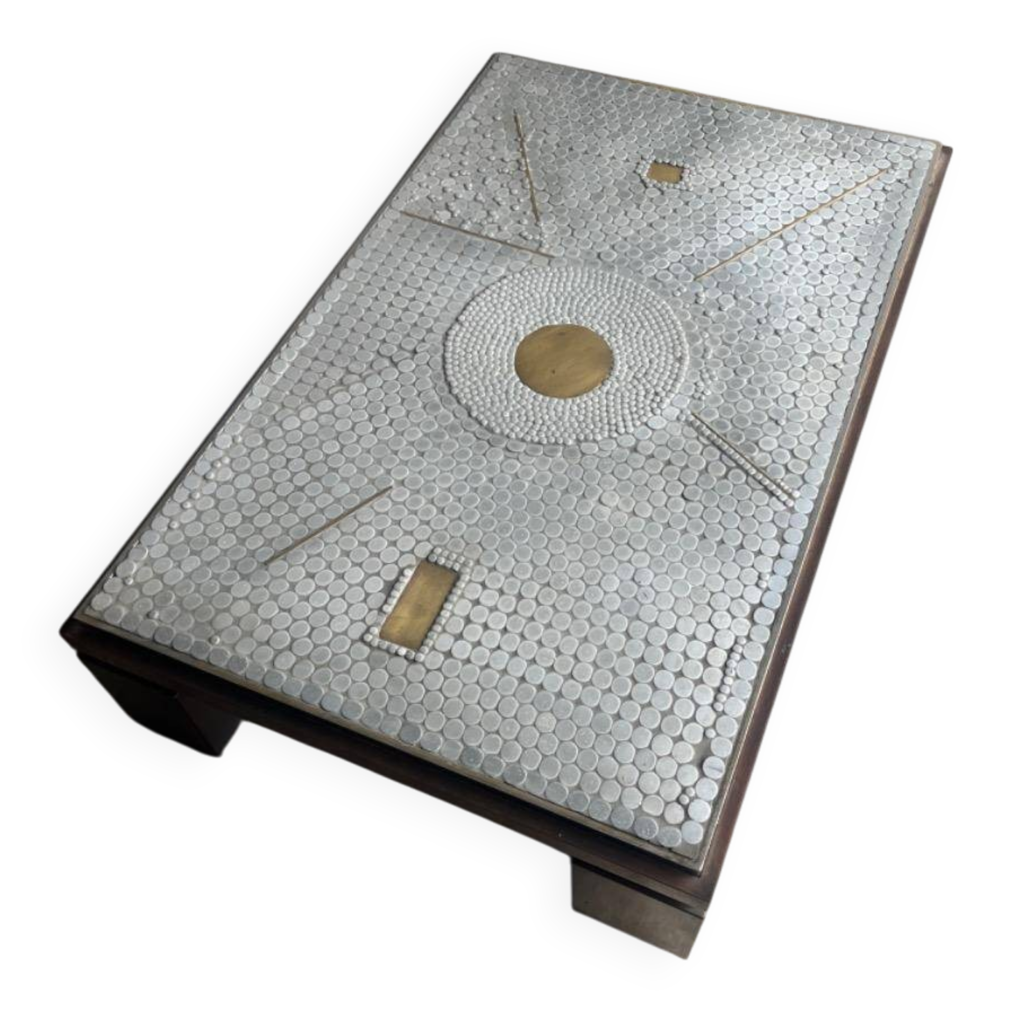 Grey ceramic mosaic top coffee table with dark wood base and brass accents, 1970s