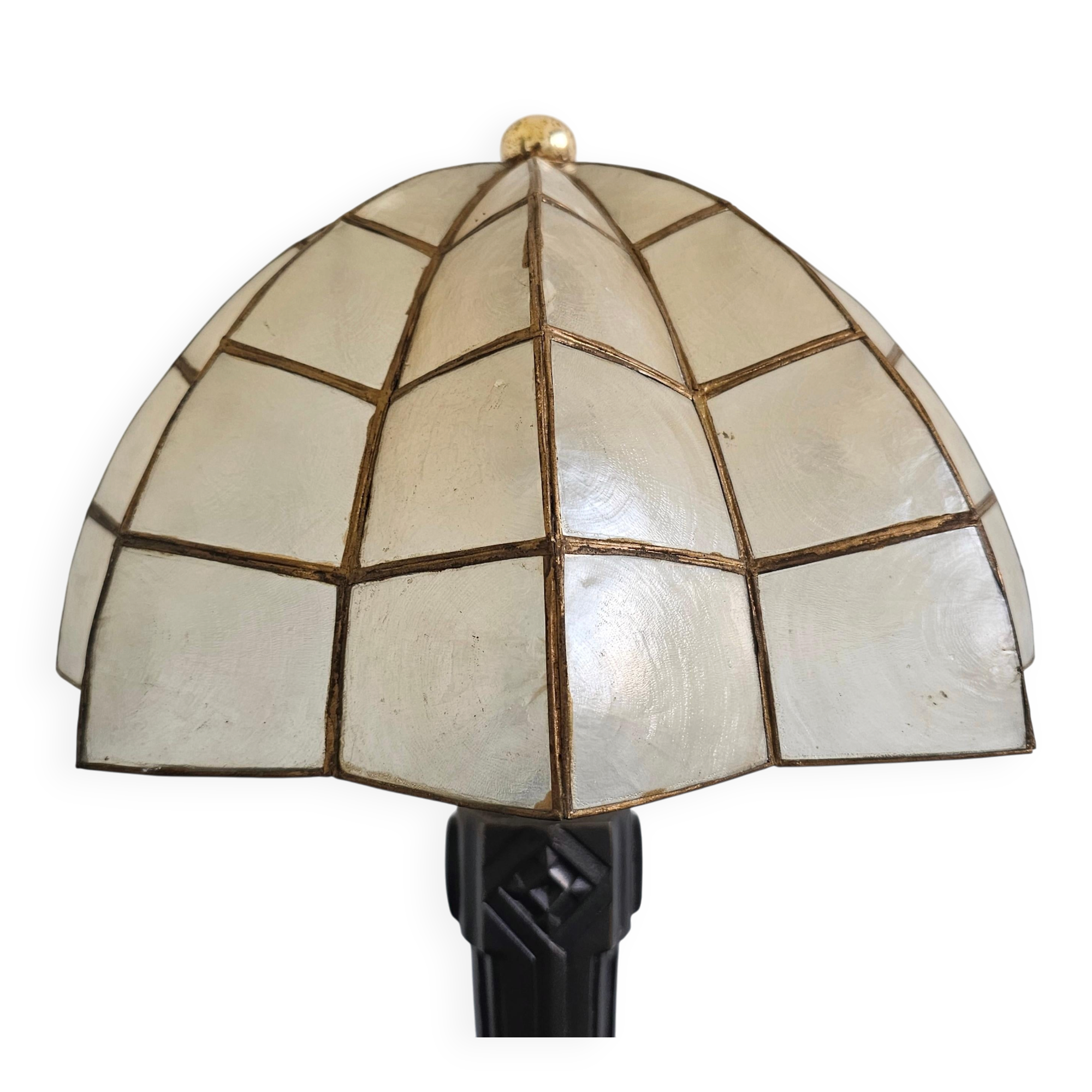 Lampe de table Art Déco tardive en bronze avec abat-jour coquille Capiz années 1950