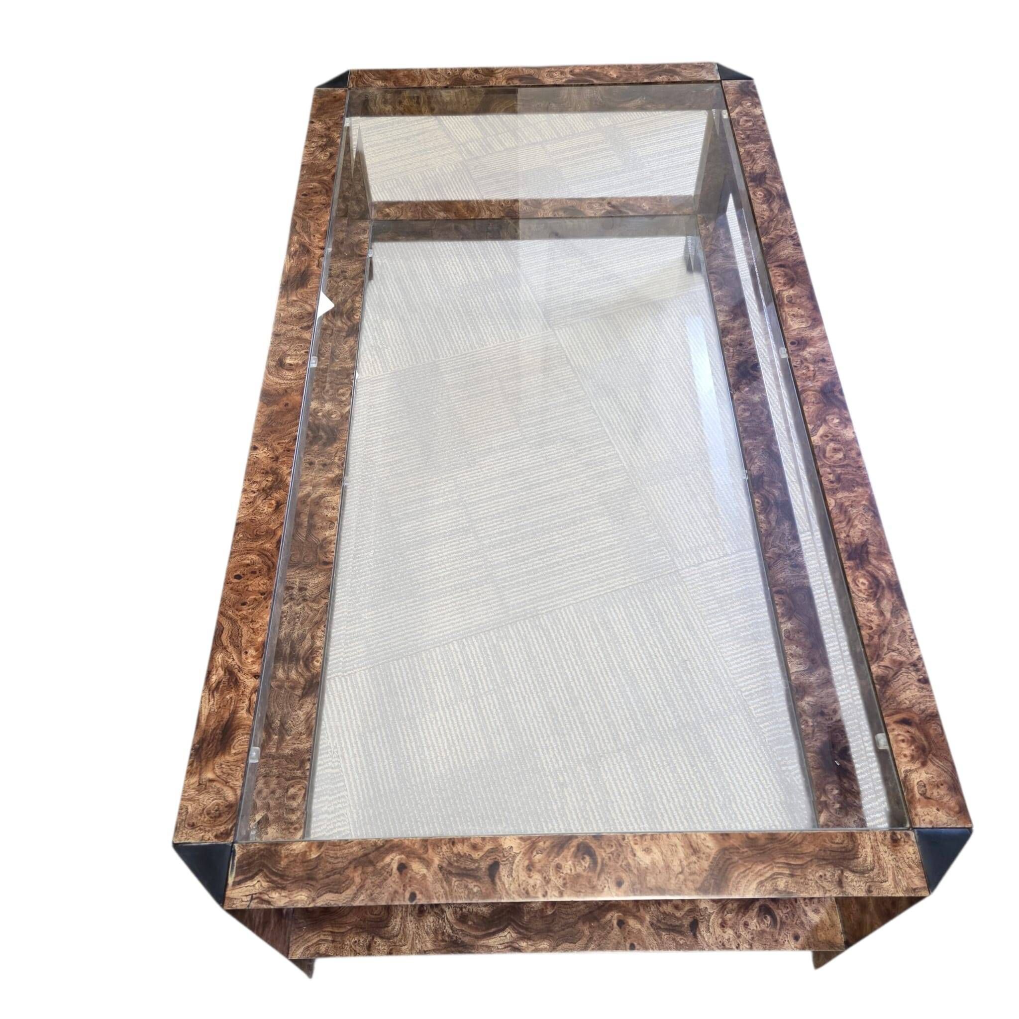 1980s coffee table in metal with walnut burl veneer.