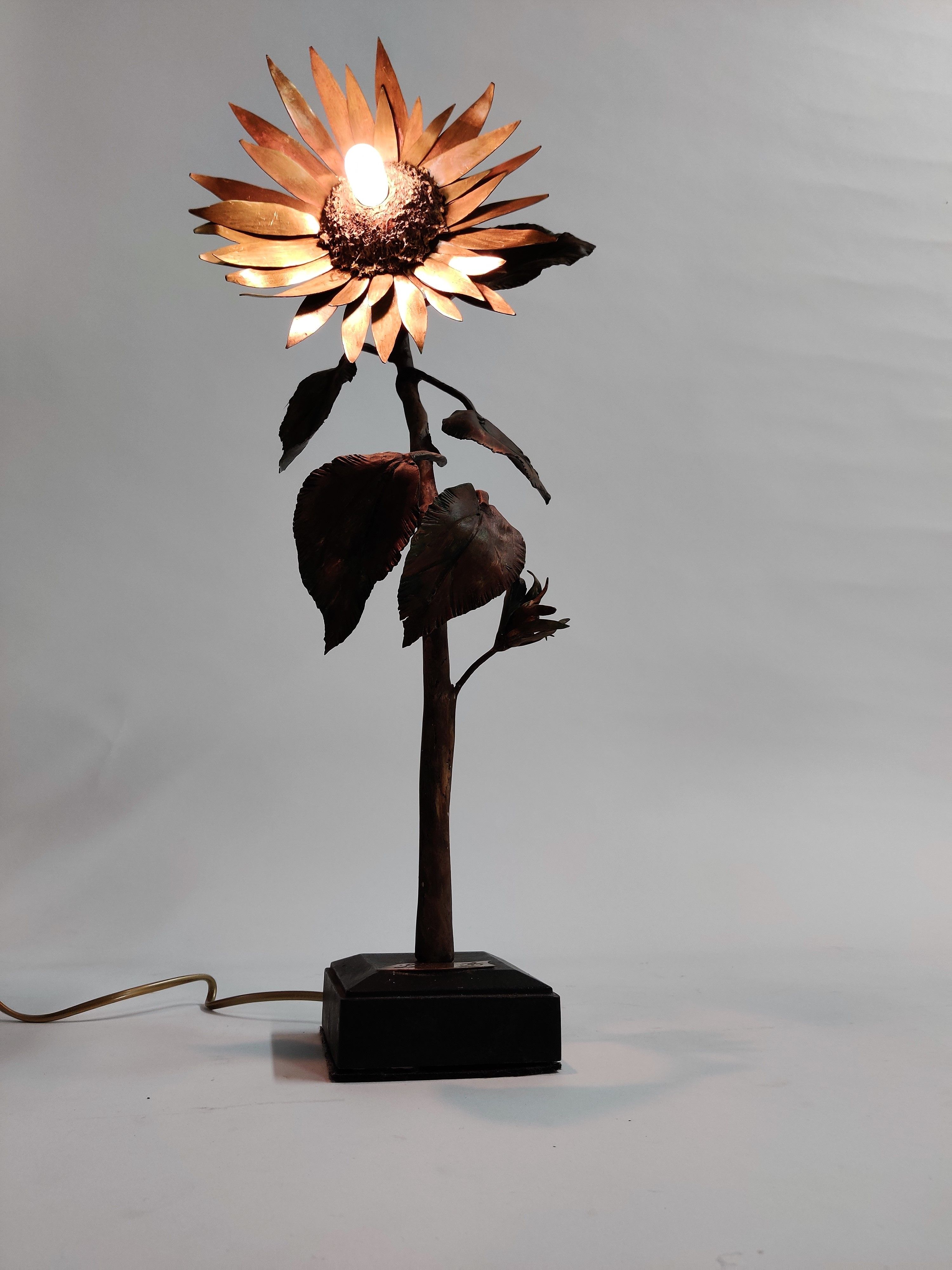 Vintage metal and bronze sunflower sculpture lamp, 1970s belgium