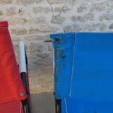 Pair of folding armchairs from the 60s, in metal and fabric