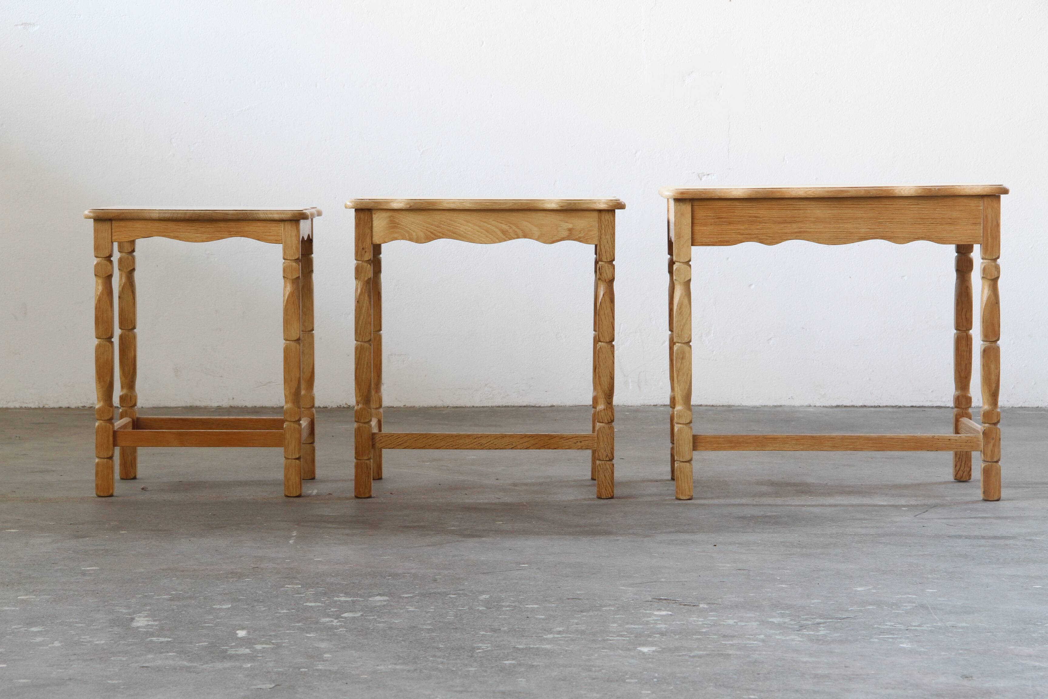 Vintage 1970s set of 3 Nesting / Stacking Oak Tables, style of Henning Kjær