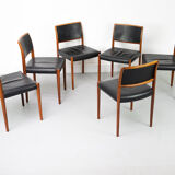Set of 6 wooden Dining Chairs with black Leather, 1960