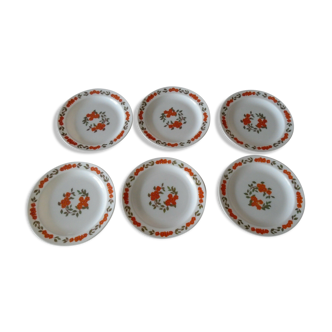 6 assiettes fleurs orange dessert arcopal france vintage