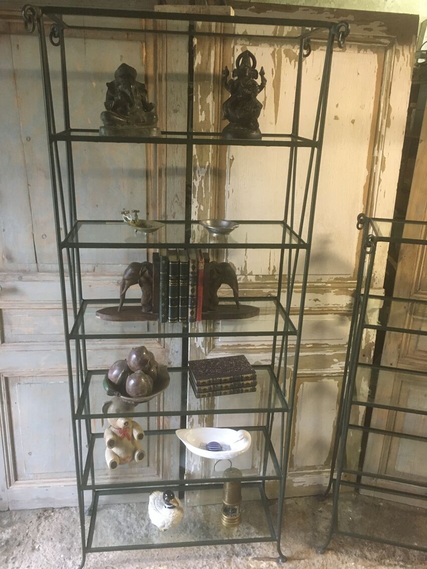Pair of wrought iron and glass bookcase shelves | Selency