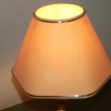 French vintage round brown marble table lamp gold detail beige fabric shade 4059