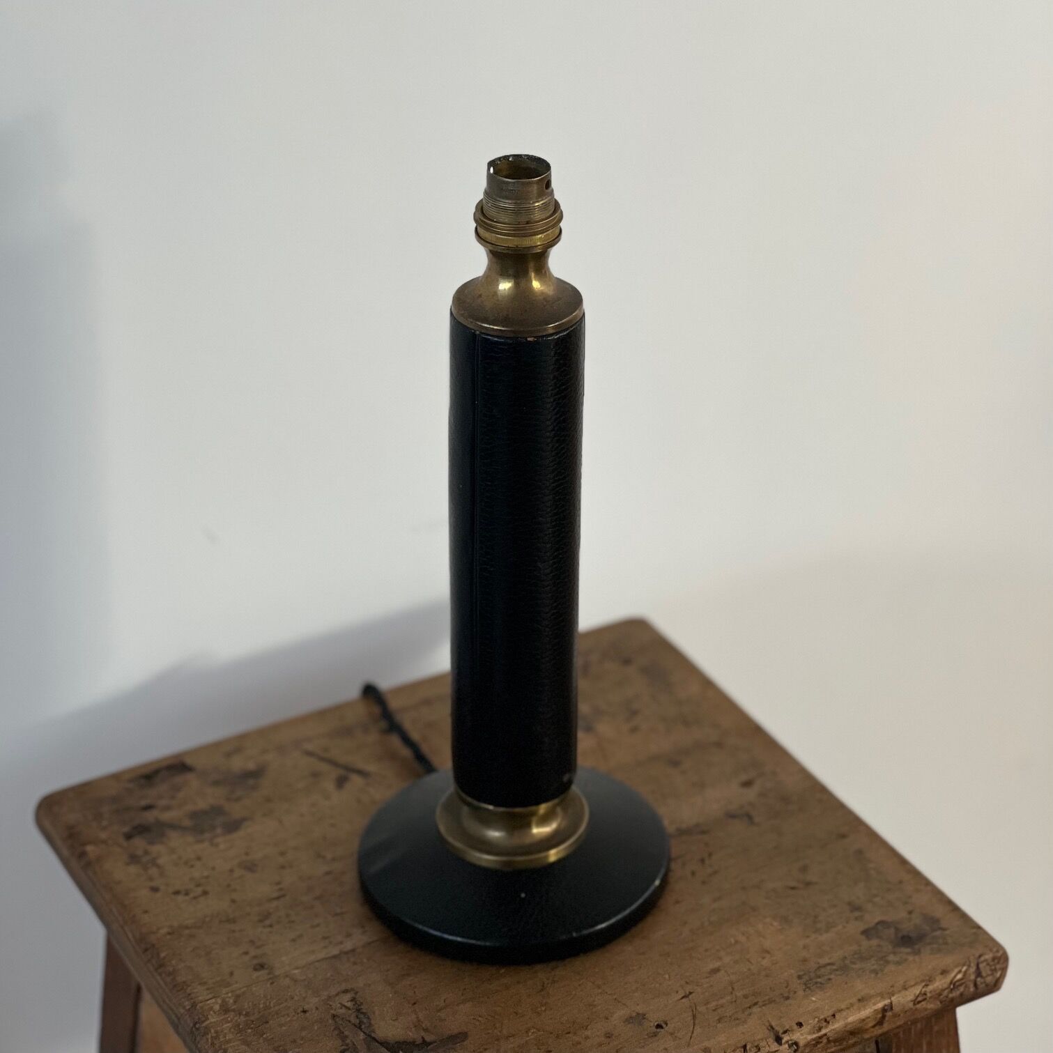 French mid-century black leather and brass table lamp