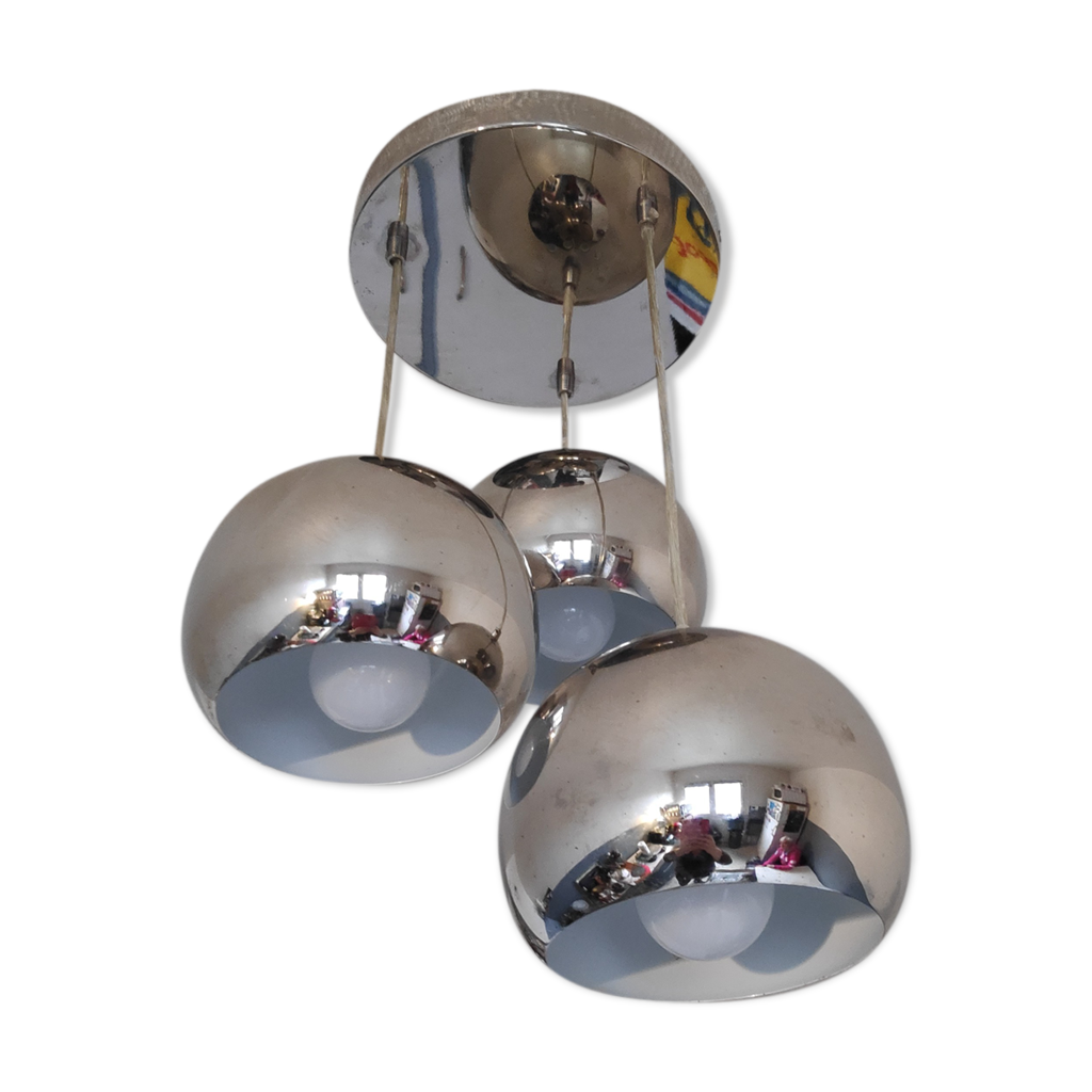 Grand Lustre Vintage Industriel 90cm, Métal Vieilli Gris, Deux Globes, Pour Salon