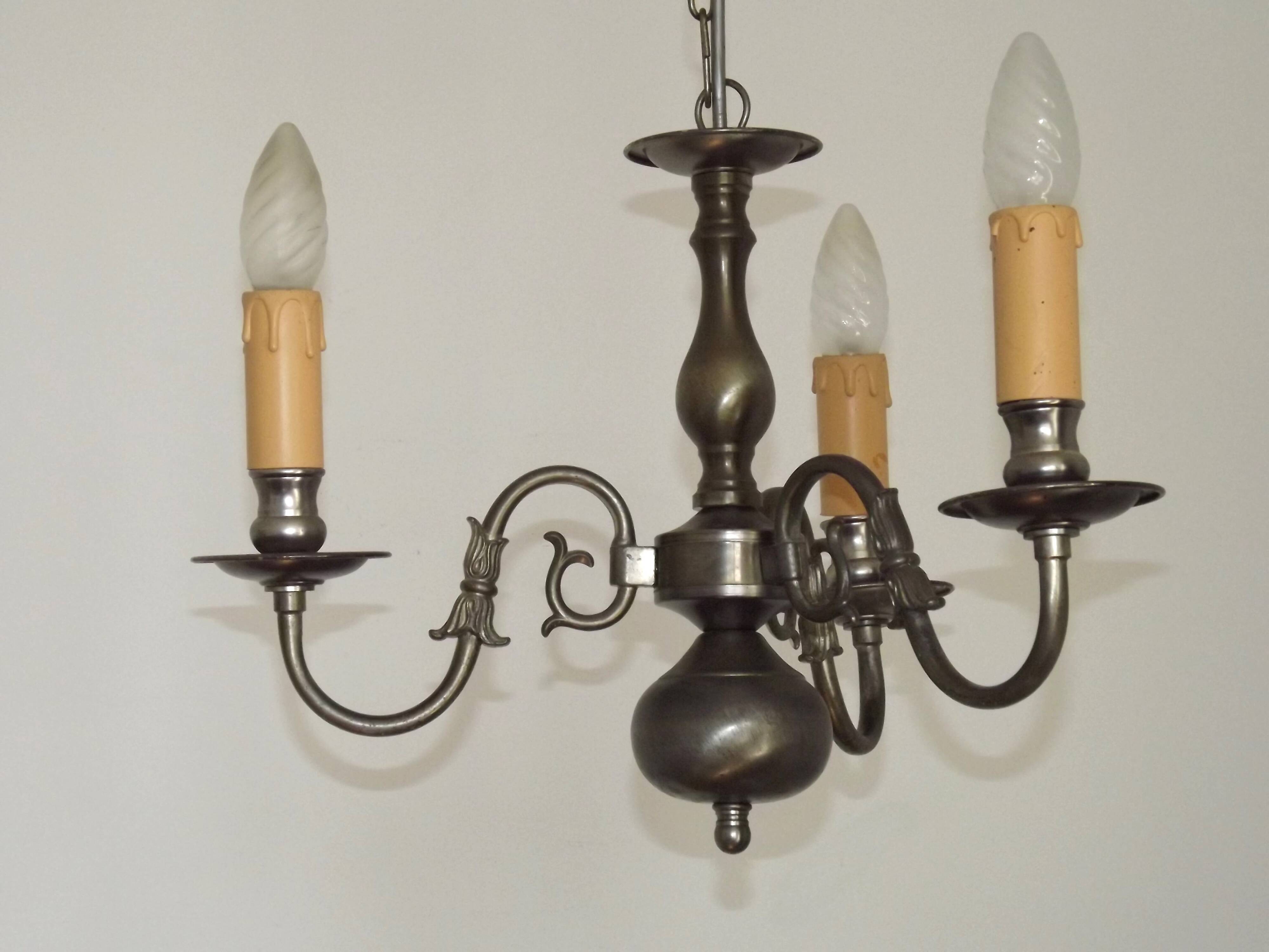 Italian Vintage Silver Brushed Metal 3 Light Flemish Style Chandelier