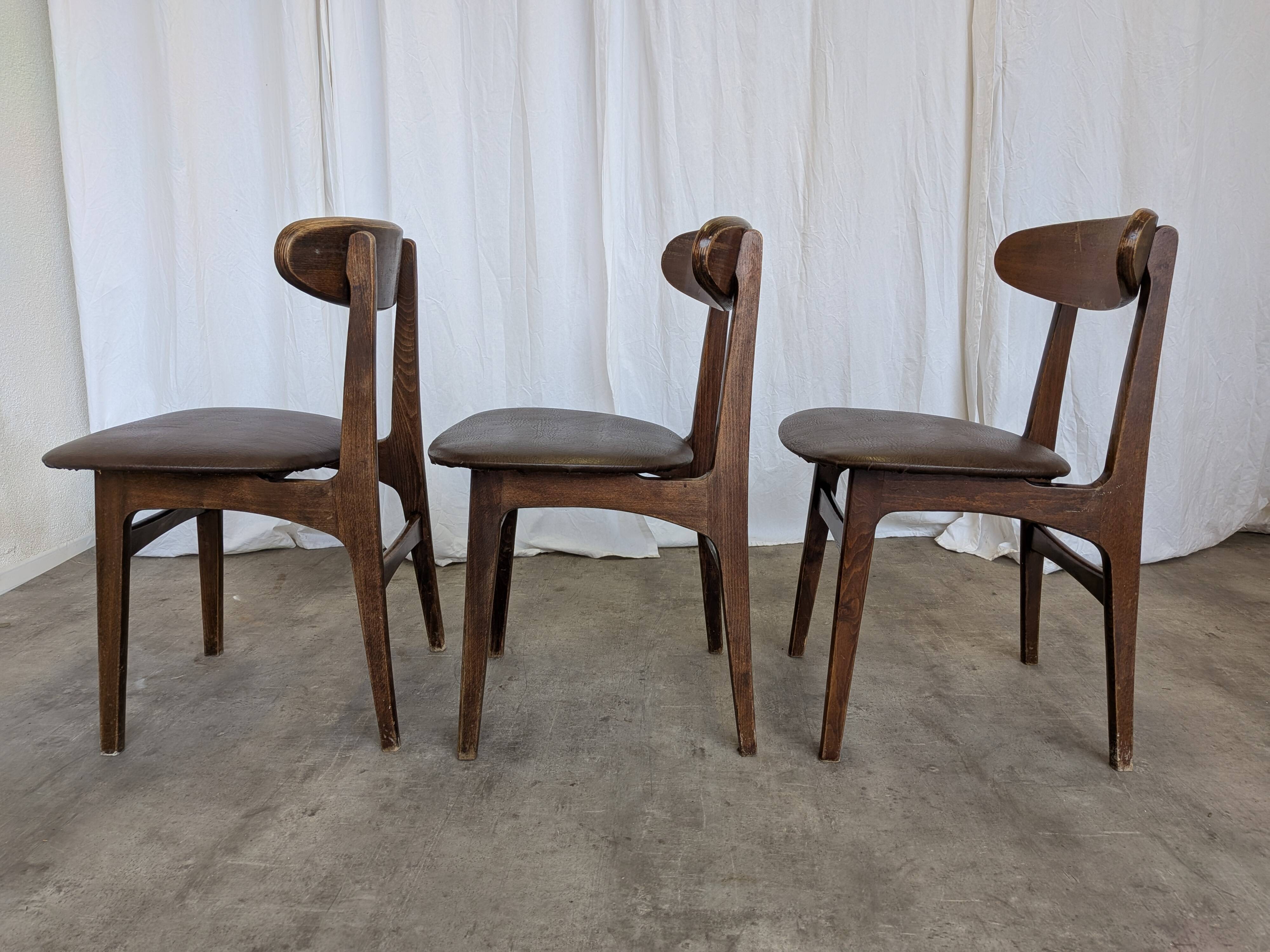 Set of 3 Vintage Wooden Dining Chairs with Brown Leather Seats / Mid-Centur