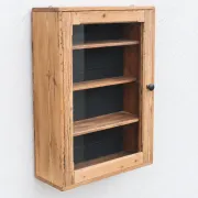 Antique wall display cabinet in natural wood and black – small glass-fronted collector's piece.