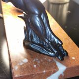 Art deco lamp, marble, globe, opaline and greyhounds in regulation, 1930