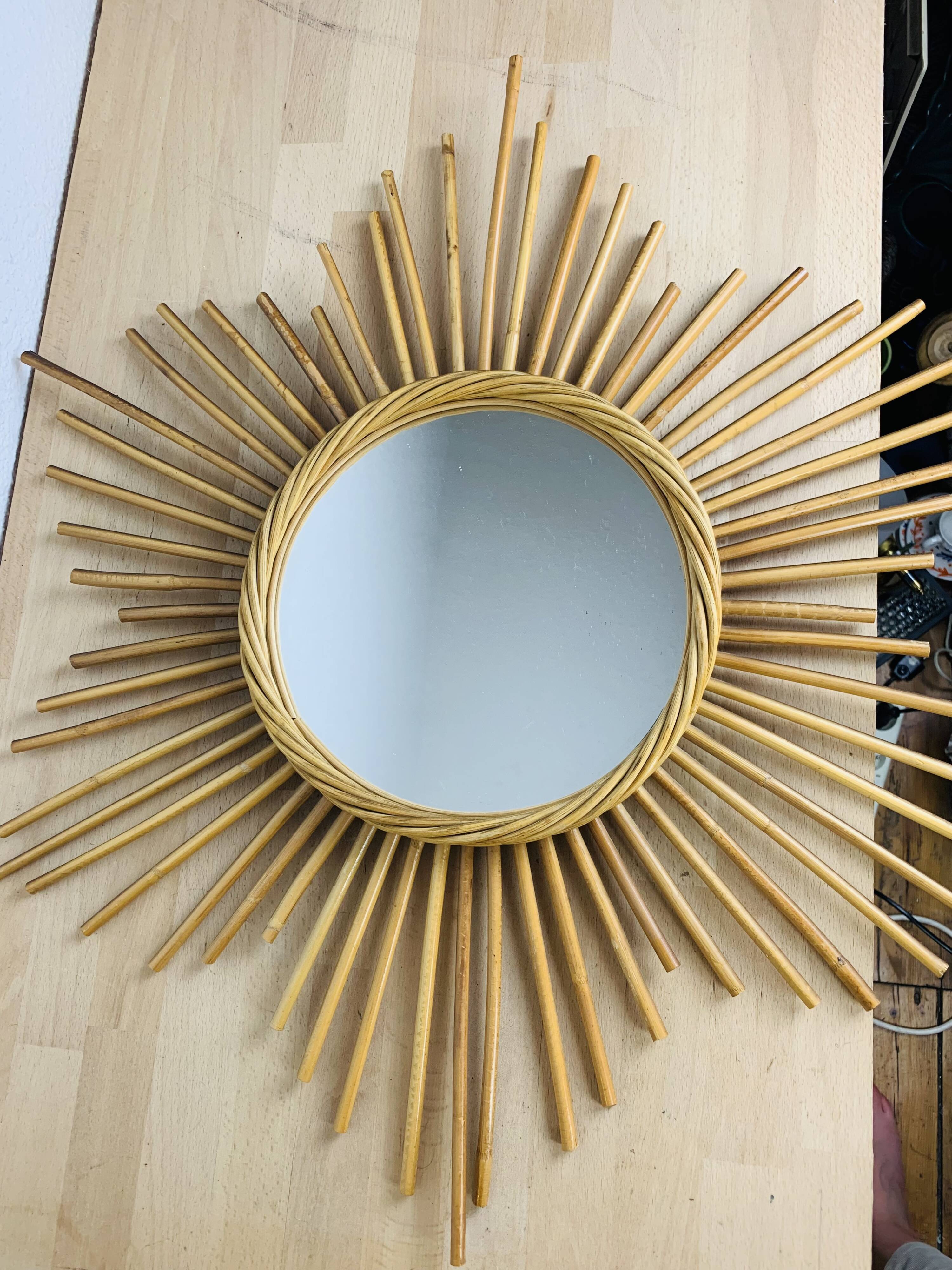 Miroir soleil rotin vintage 66cm