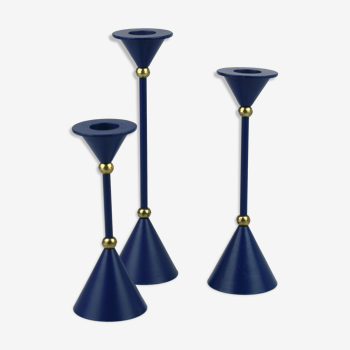 Set of three deep blue candle holders