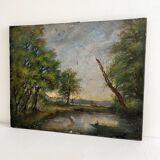 Old oil painting on canvas of a landscape by the pond.