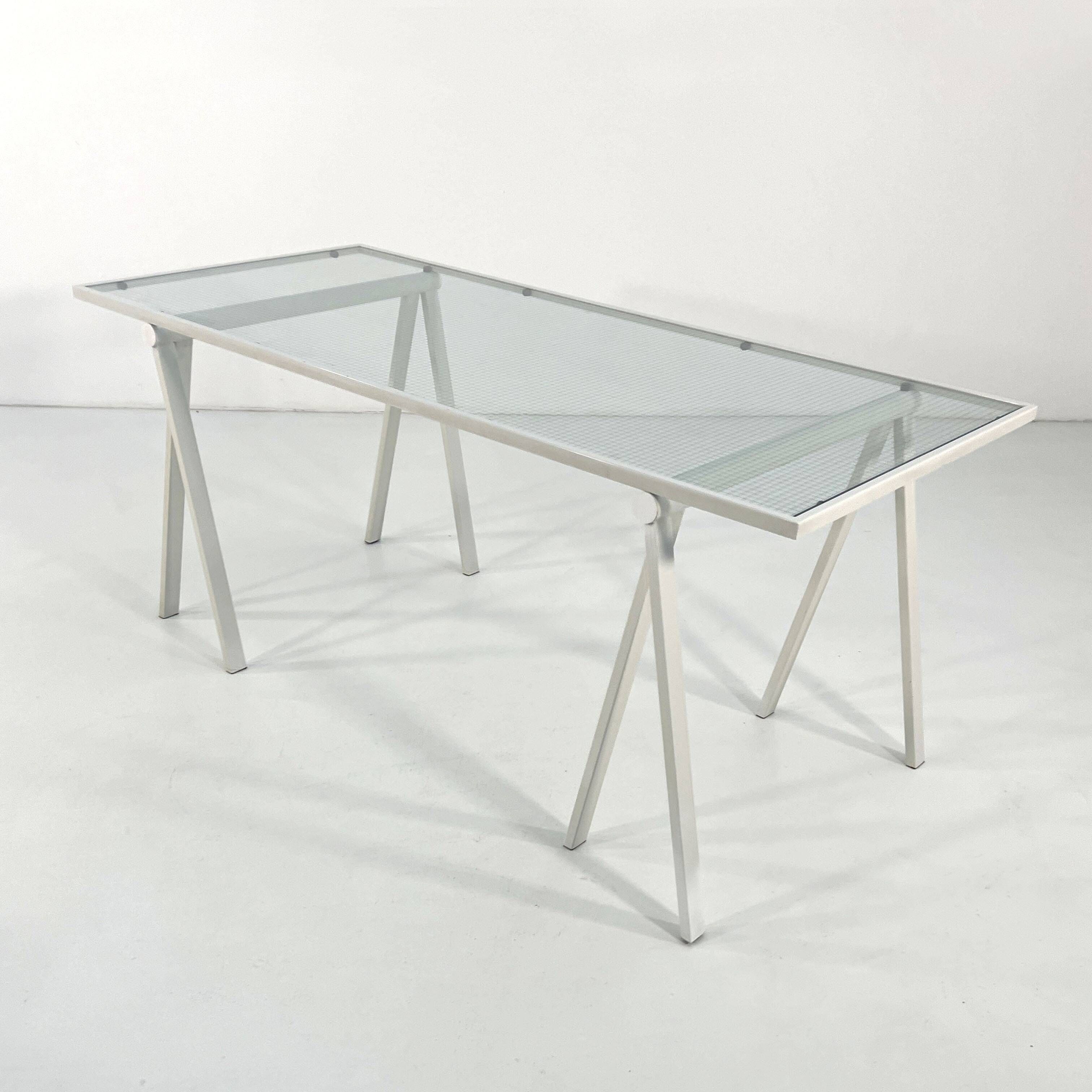 Glass and metal trestle desk by Rodney Kinsman for Bieffeplast, 80