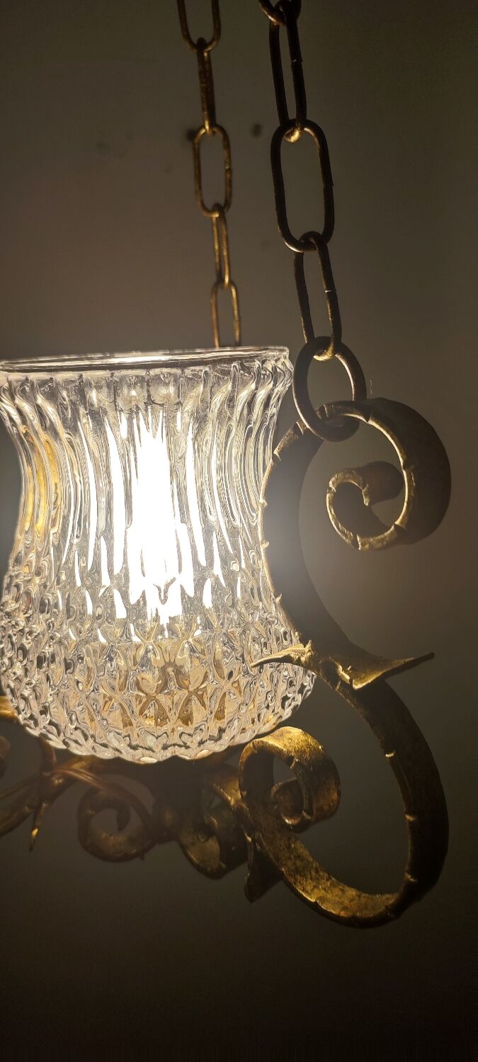 Ceiling lamp wrought iron and glass Spain, 1970s