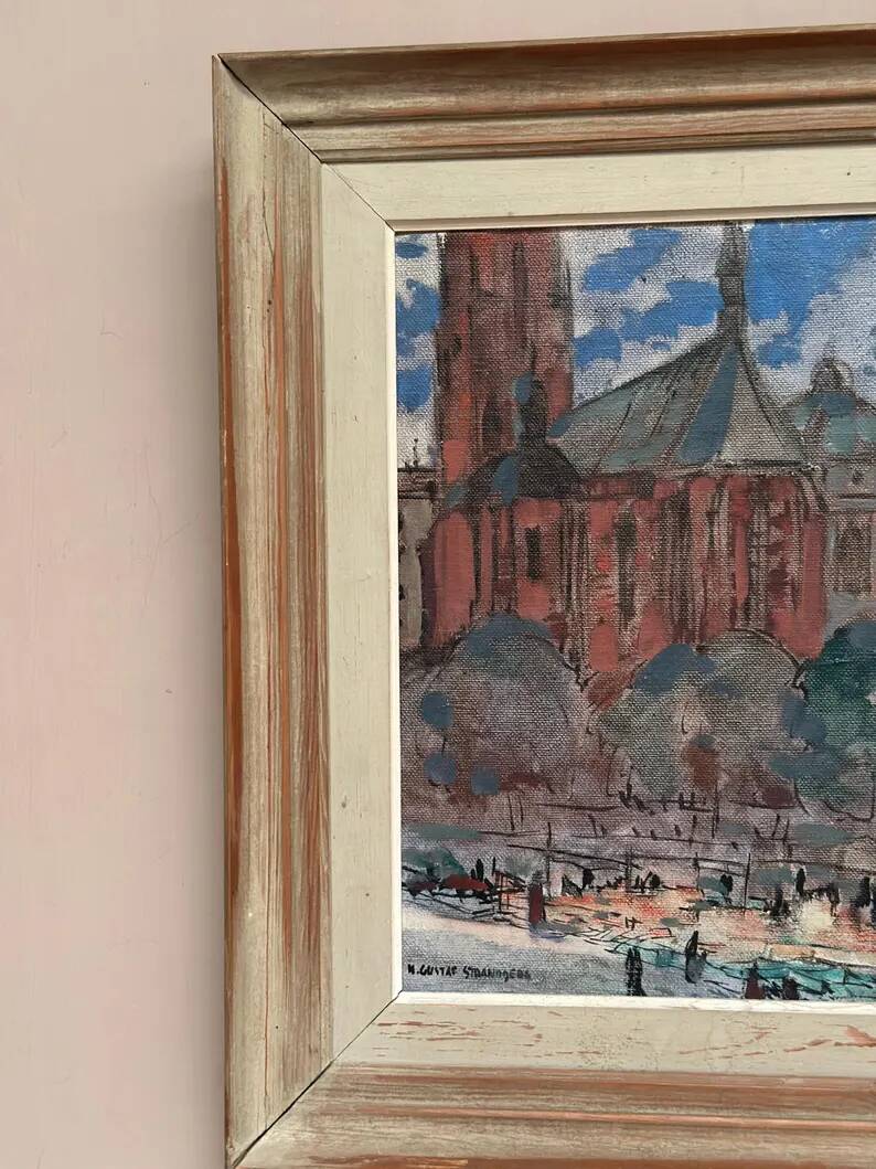 Original Swedish Oil on Panel – “Castle Behind Trees” by K. Gustaf Strandgers – Signed – Vintage & Framed