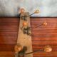 Old wooden wall coat rack + 3 wrought iron hooks & vintage wooden ball