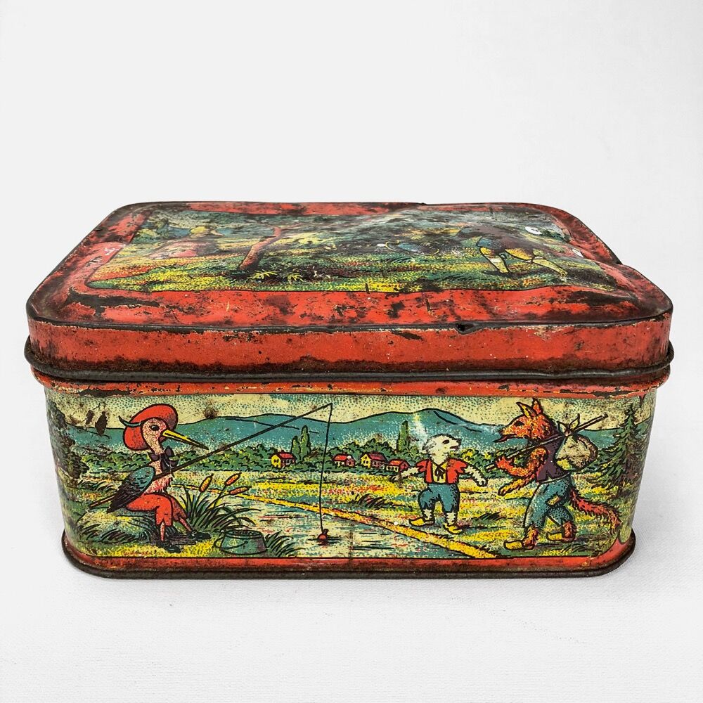 Antique lithographed tin biscuit tins