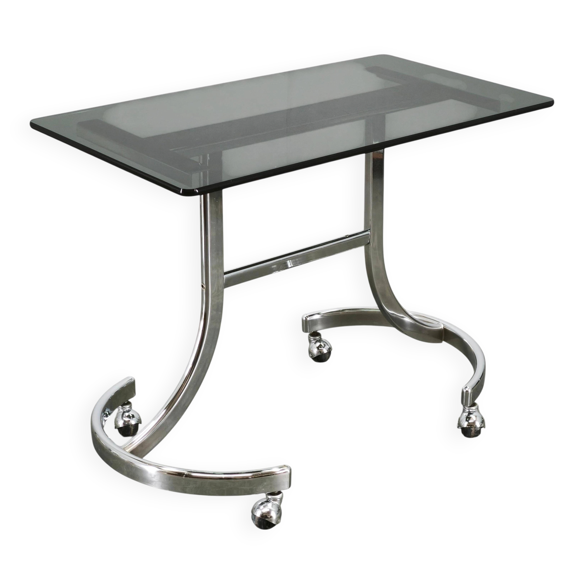 1970s Italian Space Age Chrome and Smoked Glass Rolling Side Table