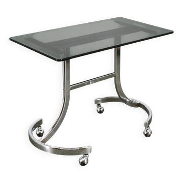 1970s Italian Space Age Chrome and Smoked Glass Rolling Side Table