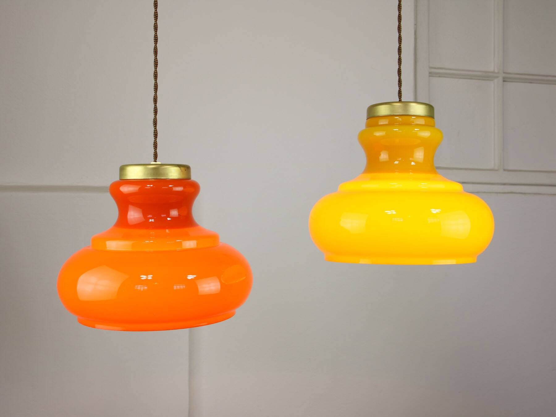 Mid-century italian glass & brass pendant lamps, set of 2