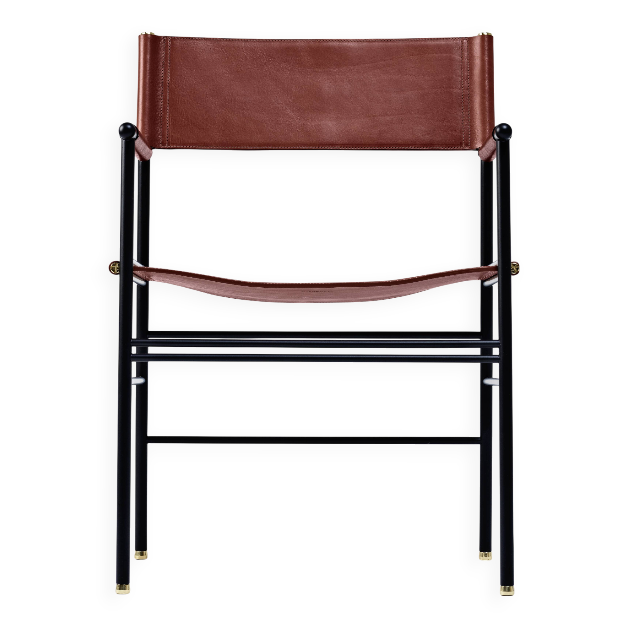 Classic bar stool with cognac leather backrest and black rubber metal.
