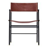 Classic bar stool with cognac leather backrest and black rubber metal.