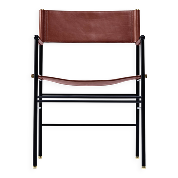 Classic bar stool with cognac leather backrest and black rubber metal.
