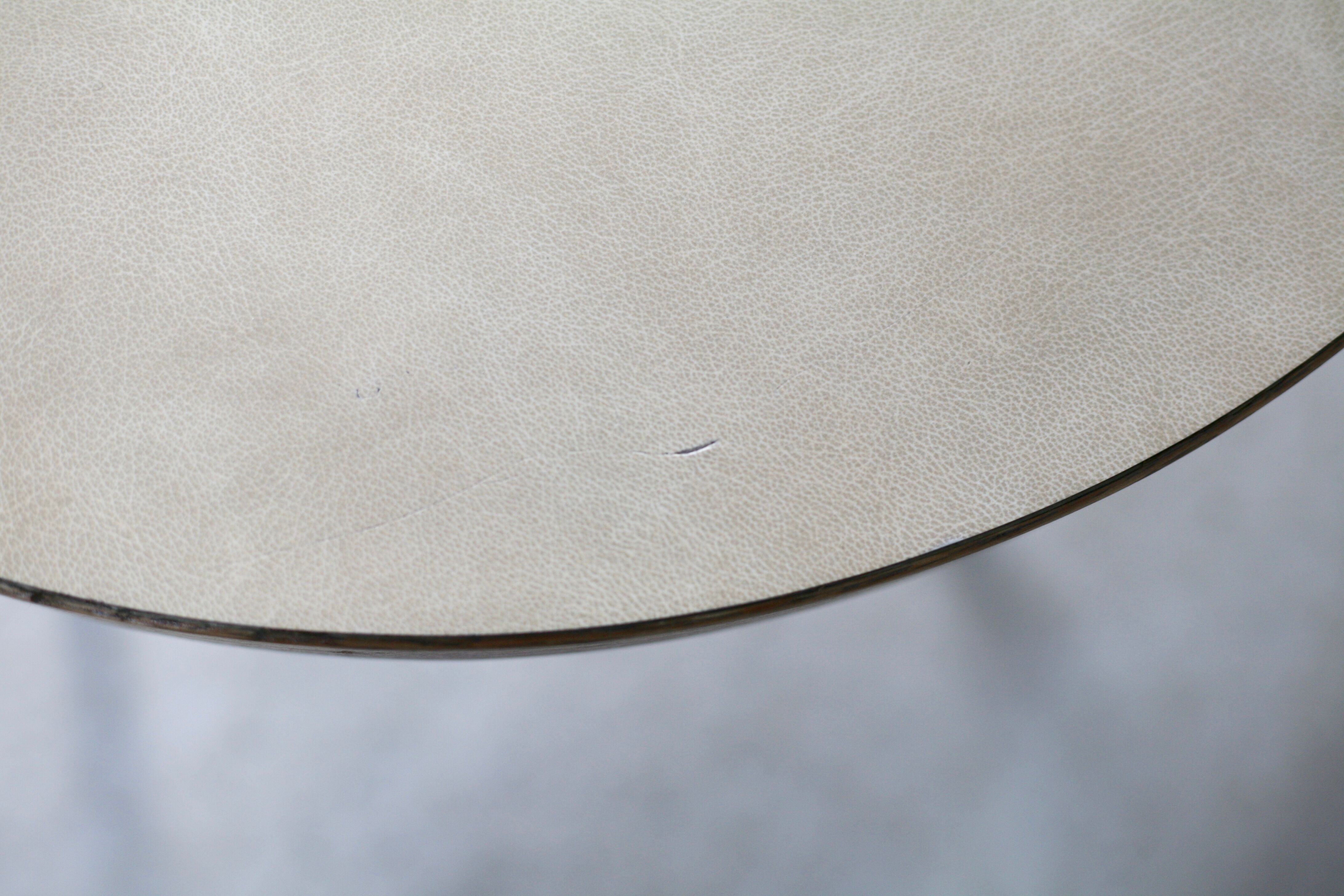 Side table tubular steel base, round top strapping wood, France, circa 1950